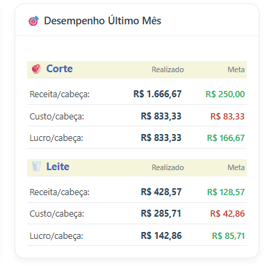 Card de Desempenho no Dashboard mostrando a comparação entre valores realizados e as metas definidas.